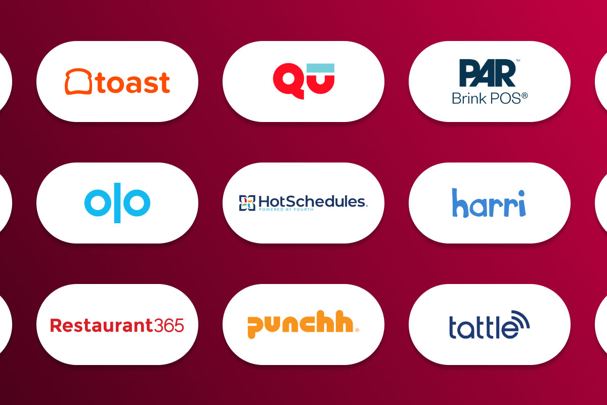 9 integration logos in a grid on a red/pink gradient background. The logos, from top-left to bottom-right, are Toast POS, Qu POS, PAR Brink POS, Olo, HotSchedules, Harri, Restaurant365, Punchh, and Tattle.